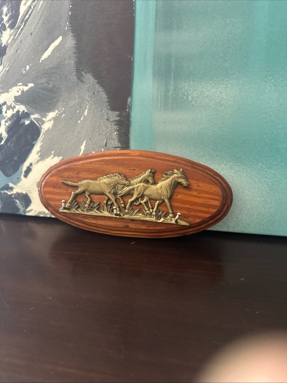 Wooden Oval Wall Plaque with Brass Running Horses - Brown